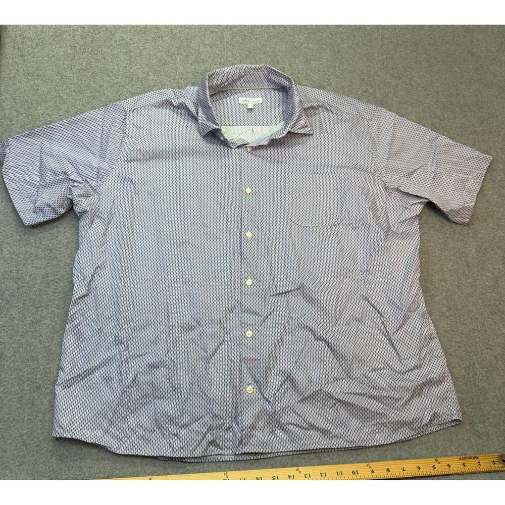 Peter Millar Shirt Mens 2XL Blue Geometric Short Sleeve‎ Cotton Button Up